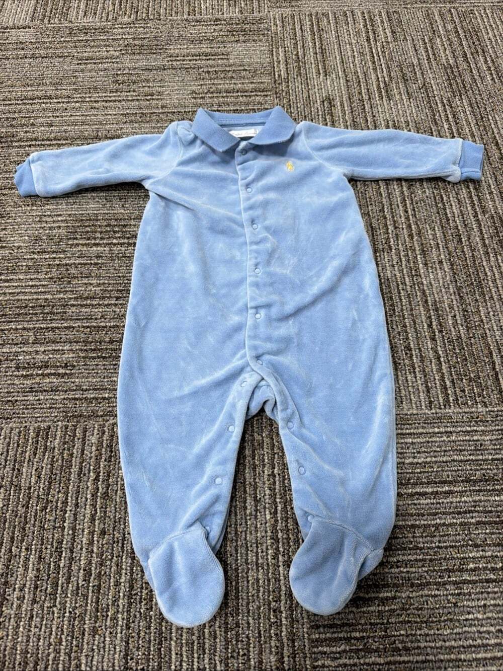 Ralph Lauren Baby Velour Footed Coverall Baby Blue 6M Collared Snap Yellow Logo